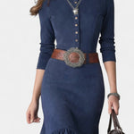 Louna Navy Blue High Collar Maxi Dress With Buttons And Asymmetrical Hem