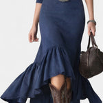 Louna Navy Blue High Collar Maxi Dress With Buttons And Asymmetrical Hem