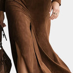 Huguette Midi Split Dress In Synthetic Suede Retro Western Style