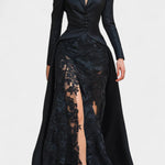 Flavienne Long Satin And Black Lace Blazer Dress
