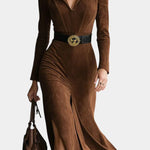 Huguette Midi Split Dress In Synthetic Suede Retro Western Style