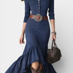 Louna Navy Blue High Collar Maxi Dress With Buttons And Asymmetrical Hem