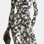 Amada Floral Black And White Wrap Dress With High Collar