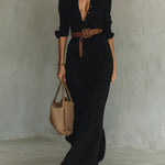 Savina Lapel Long Sleeve Belted Maxi Dress