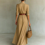Savina Lapel Long Sleeve Belted Maxi Dress