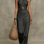 Avelina™ – Voluminous Long Cotton and Linen Dress, American Collar