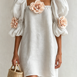 3D Floral Applique Square Neck Puff Sleeve Loose Mini Dress