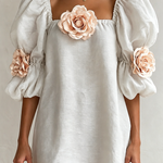 3D Floral Applique Square Neck Puff Sleeve Loose Mini Dress