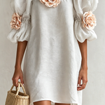 3D Floral Applique Square Neck Puff Sleeve Loose Mini Dress