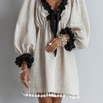 Color-Block Lettuce-Edge Puff Sleeves Tassels Shift Mini Dress